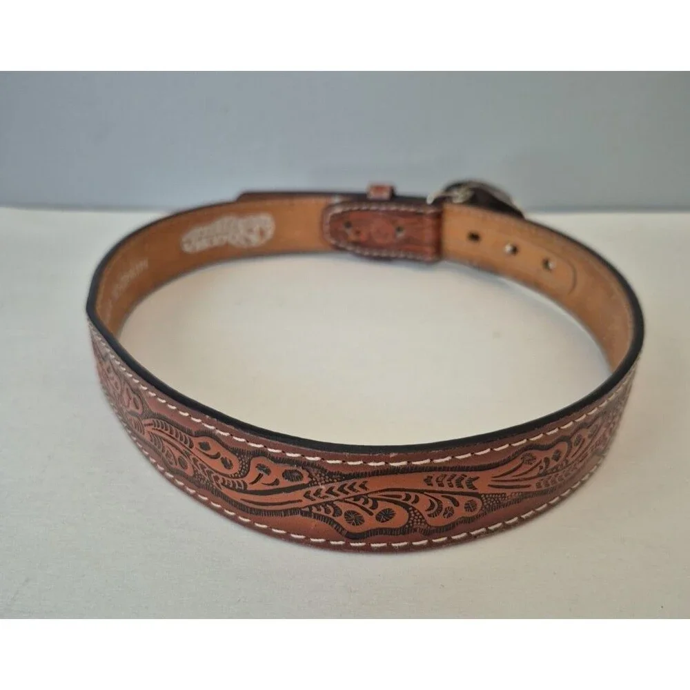 Nocona Brown Tooled Floral Genuine Bonded Leather Bull Rider Belt Boys 31 IN